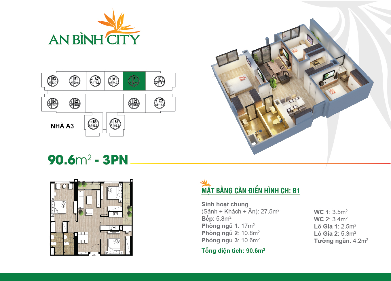 Thiết kế căn hộ 3 phòng ngủ (B1) An Bình City