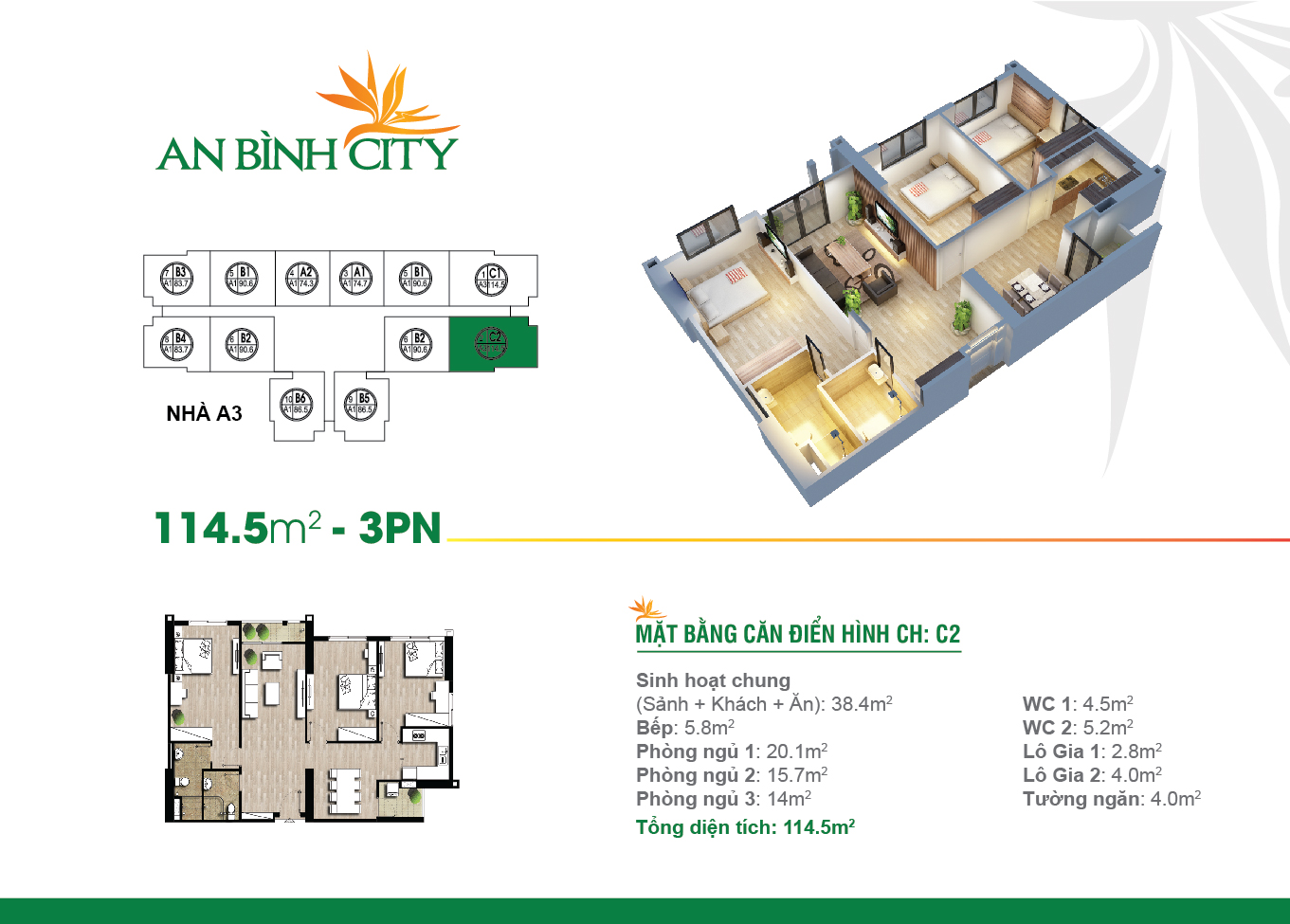 ​​​​​​​Thiết kế căn hộ 3 phòng ngủ (C2) An Bình City