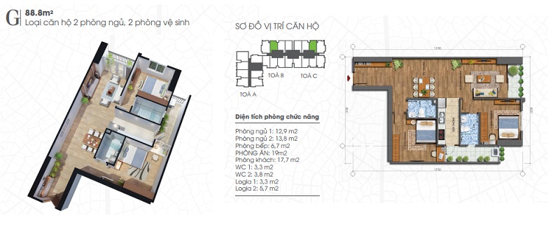Mặt bằng thiết kế căn hộ 88,8m2