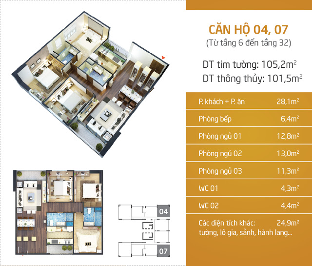 Mặt bằng căn hộ 04, 07 chung cư N01T5 Ngoại Giao Đoàn Hà Nội