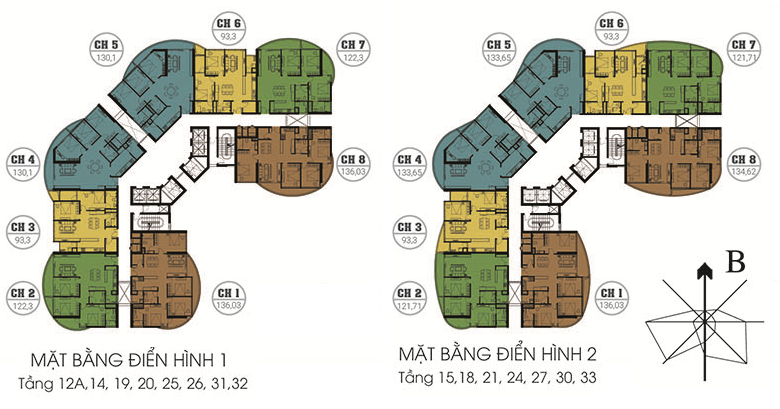 Mặt bằng tầng 15, 18, 21, 24, 27, 30, 33 chung cư N01T8 Ngoại Giao Đoàn