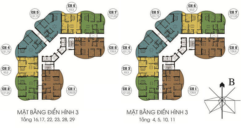 Mặt bằng tầng 16, 17, 22, 23, 28, 29 chung cư N01T8 Ngoại Giao Đoàn