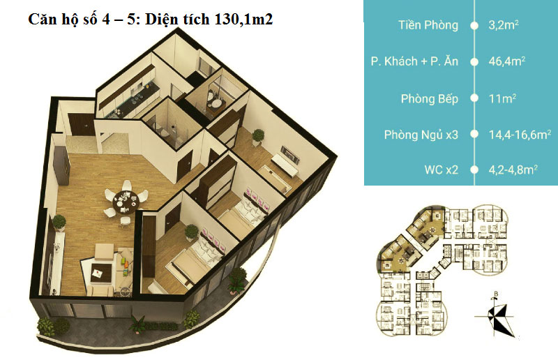 Mặt bằng căn hộ 4-5 chung cư N01T8 Ngoại Giao Đoàn