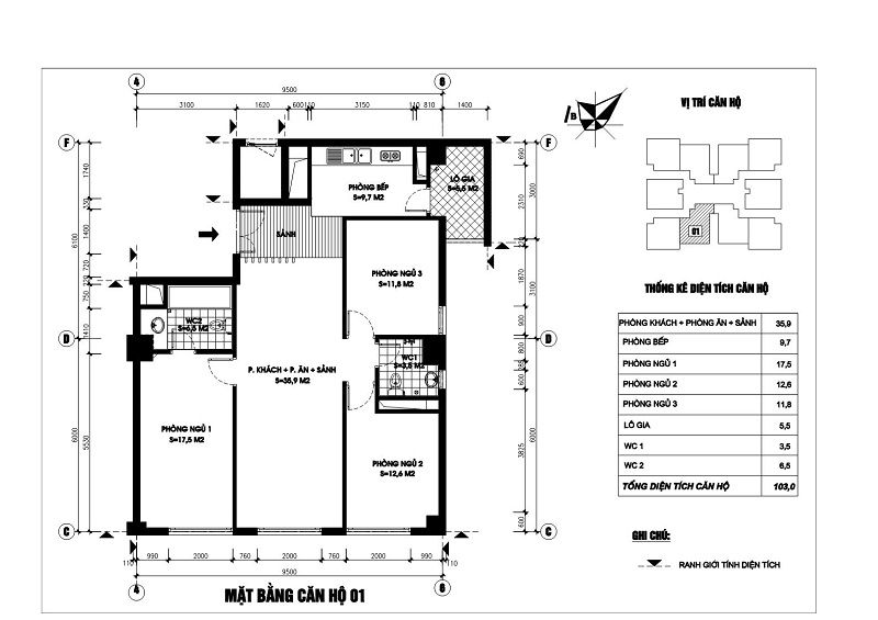 Mặt bằng căn hộ 01 chung cư N03T1 Ngoại Giao Đoàn